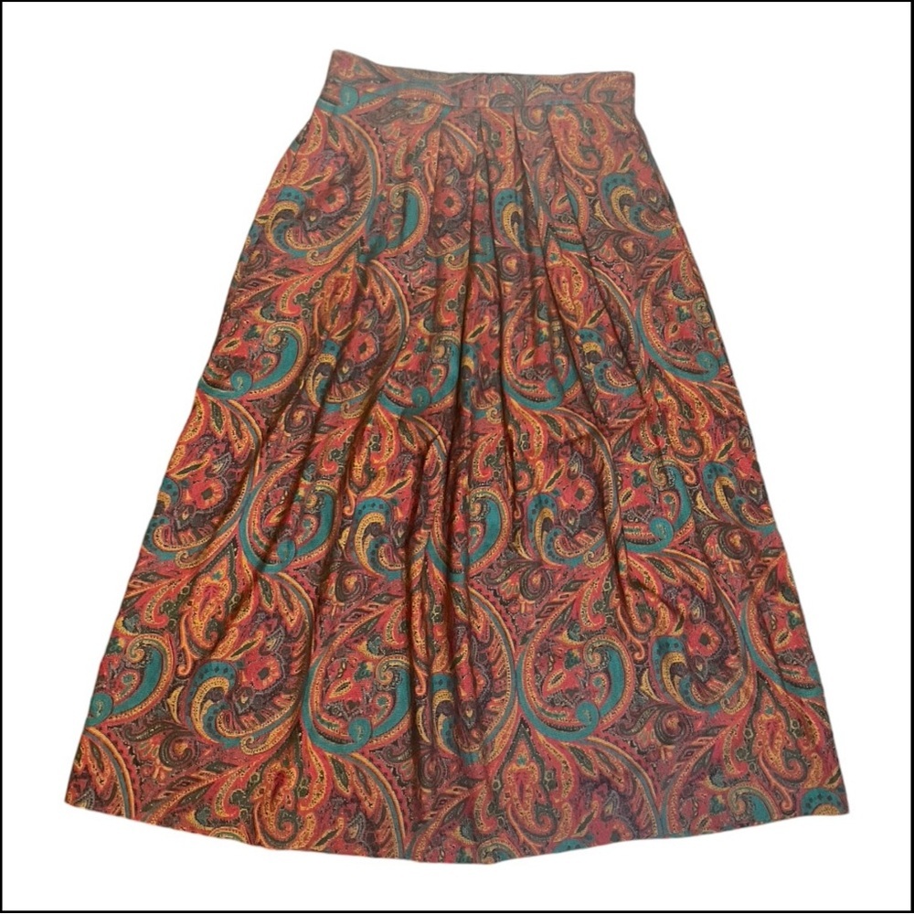 Women’s Vintage  Midi Earth Tone Paisley Pleated Multicolor Skirt Size 4P